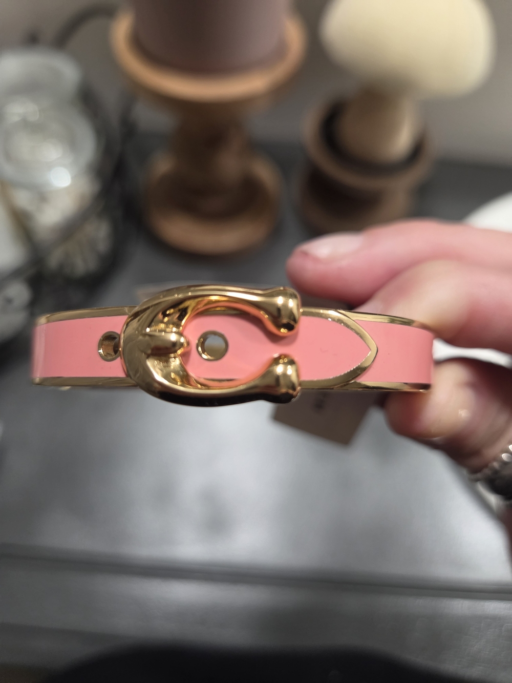 Coach Pink Enamel Belt-Style Bracelet with Gold Hardware
